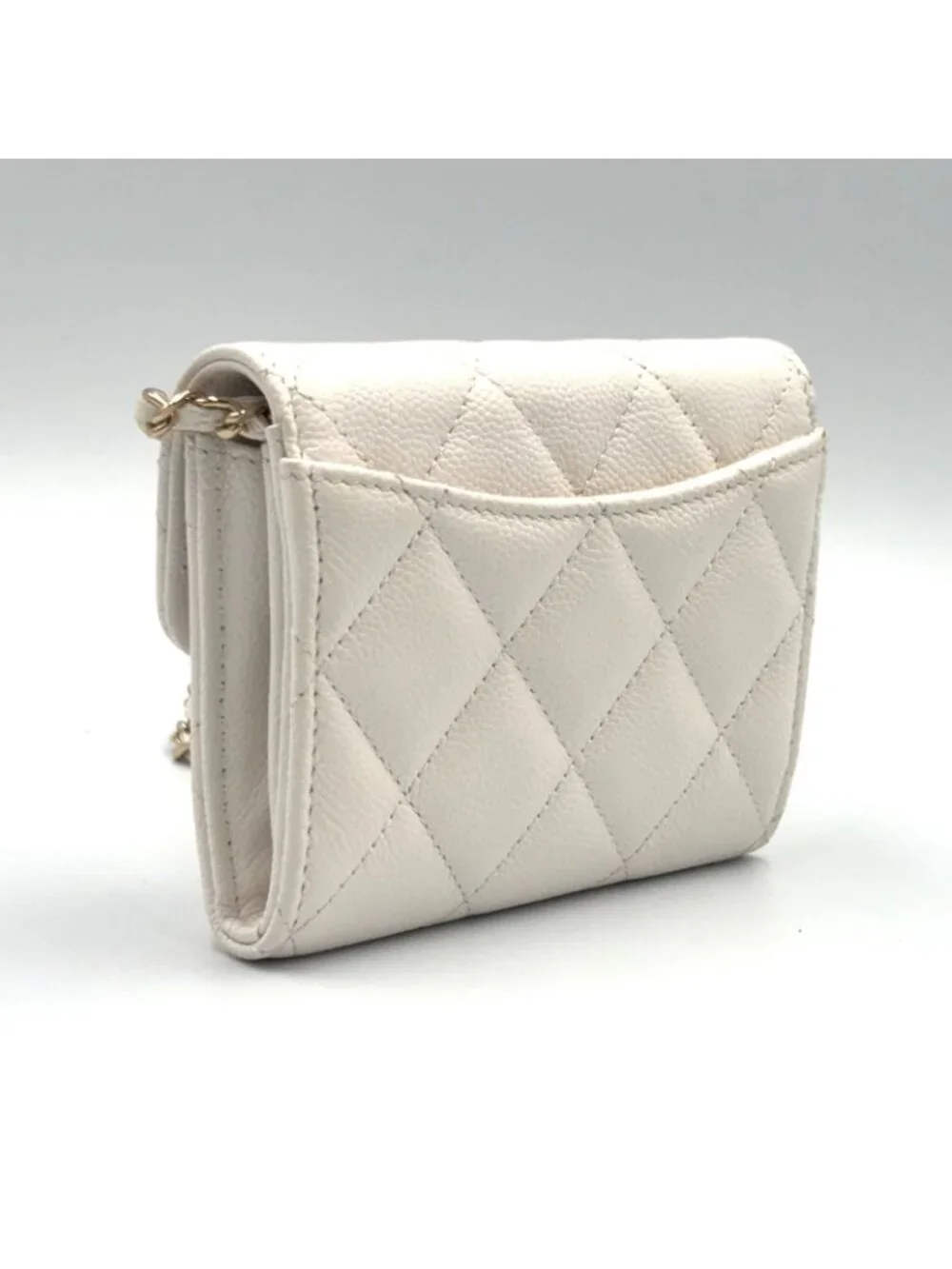 Chanel Quilted Mini Chain Random Caviar Leather White Wallet Gold